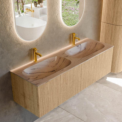 MONDIAZ KURVE-DLUX 140cm badmeubel kleur Oak met 2 lades en 0 deuren. Wastafel STOR SMALL Dubbel 2 kraangaten Arena.