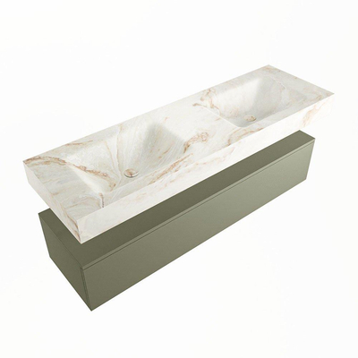 Mondiaz ALAN-DLUX Ensemble de meuble - 150cm - meuble Army mat - 1 tiroir - Lavabo Cloud Frappe suspendu - vasque Gauche et droite - 2 trous de robinet