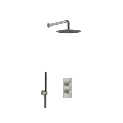 Fortifura Calvi Ensemble de douche pluie encastrable - thermostatique - bras mural - pommeau 25cm - douchette stick - flexible en métal - Gunmetal