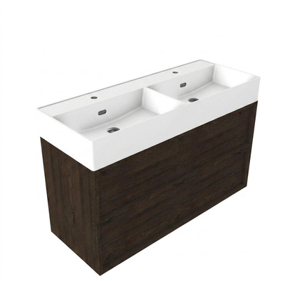 Saniclass Holz Frame Ensemble meuble de salle de bains - 120x45x72cm - Legend lavabo en céramique blanc - 2 vasques - 2 trous de robinetterie - 2 tiroirs - chêne charcoal mat (bois)