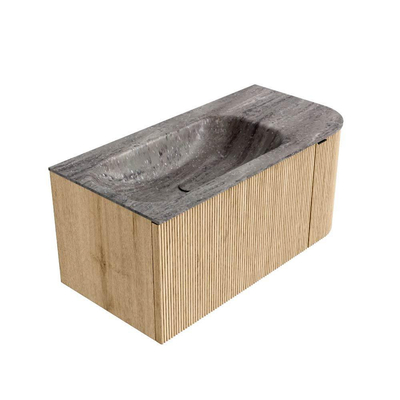 MONDIAZ KURVE-DLUX meuble de salle de bains 95cm arrondi Droit couleur chêne avec 1 tiroir et 1 porte. Lavabo BIG SMALL Gauche 1 trou de robinet Oza.