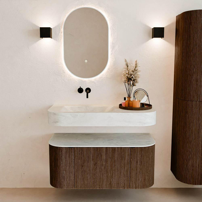 MONDIAZ THOR-DLUX 100cm badmeubel ronding links + rechts kleur Walnut met 1 lade en 2 deuren. Vrijhangende wastafel CLOUD Links zonder kraangat kleur Opalo.
