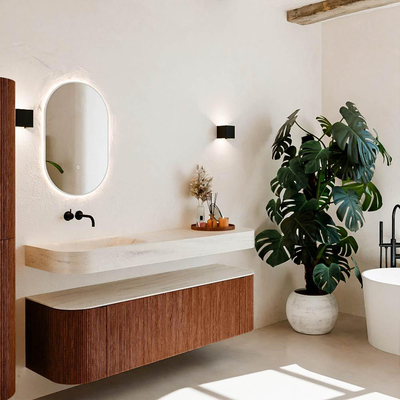 MONDIAZ THOR-DLUX 160cm meuble de salle de bains arrondi gauche + droite couleur Ruby avec 1 tiroir et 2 portes. Vasque suspendue CLOUD Gauche sans trou de robinet couleur Meli.