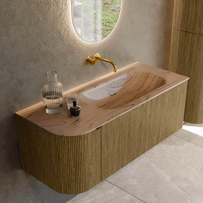 MONDIAZ KURVE-DLUX Meuble de salle de bains 115 cm arrondi à gauche couleur Dusk avec 1 tiroir et 1 porte. Lavabo BIG SMALL à droite sans trou de robinet Arena.