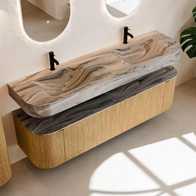 MONDIAZ THOR-DLUX 170cm badmeubel ronding links + rechts kleur Oak met 1 lade en 2 deuren. Vrijhangende wastafel CLOUD Dubbel 2 kraangaten kleur Sombra.