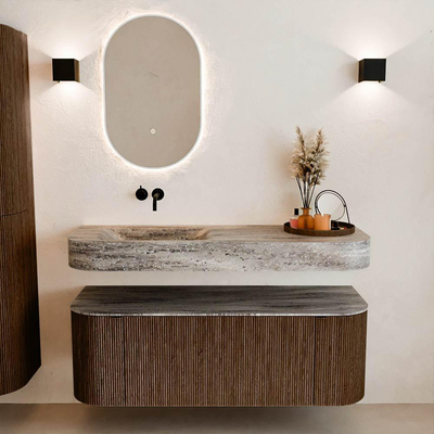 MONDIAZ THOR-DLUX 130cm badmeubel ronding links + rechts kleur Walnut met 1 lade en 2 deuren. Vrijhangende wastafel CLOUD Links zonder kraangat kleur Oza.