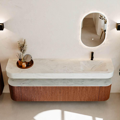 MONDIAZ THOR-DLUX 200cm badmeubel ronding links + rechts kleur Ruby met 2 lades en 2 deuren. Vrijhangende wastafel CLOUD Rechts 1 kraangat kleur Opalo.