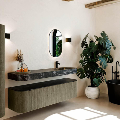 MONDIAZ THOR-DLUX 170cm meuble de salle de bains arrondi gauche + droite couleur Shadow avec 1 tiroir et 2 portes. Vasque suspendue CLOUD Droite 1 trou de robinet couleur Lava.