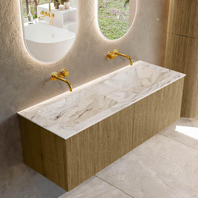 Mondiaz KURVE-DLUX Badkamermeubelset - 130x46x40cm - 2 lade - wastafel solid surface - dubbel - zonder kraangat - Dusk