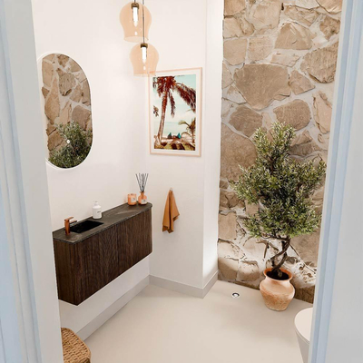 Mondiaz JOYA-DLUX 91.6cm toiletmeubel - ronding rechts kleur Walnut - Wastafel FAYE positie Links 1 kraangat kleur Lava.