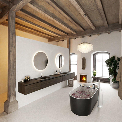 Mondiaz bukla ensemble de meubles de bain 340x45x34cm 2 robinets 2 lavabos surface solide urbaine sans poignée 5 tiroirs avec softclose mélamine marron foncé