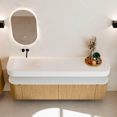 MONDIAZ THOR Meuble de salle de bains 190cm arrondi gauche + droite couleur Oak avec 2 tiroirs et 2 portes. Vasque suspendue CLOUD Gauche sans trou de robinet couleur Talc.