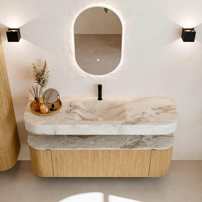 MONDIAZ THOR-DLUX 150cm meuble de salle de bains arrondi gauche + droite couleur Oak avec 1 tiroir et 2 portes. Vasque suspendue CLOUD Milieu 1 trou de robinet couleur Frappe.