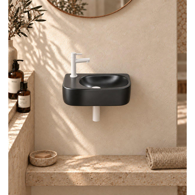 QeramiQ Fuente pack lave-mains – 40 x 21,5 x 12 cm – céramique noir mat – perçage à gauche – robinet blanc mat