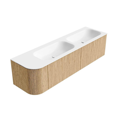 MONDIAZ KURVE 165cm Meuble salle de bain avec module 25 G - couleur Oak - 2 tiroirs - 1 porte - vasque BIG SMALL double / droite - sans trous de robinet - Talc