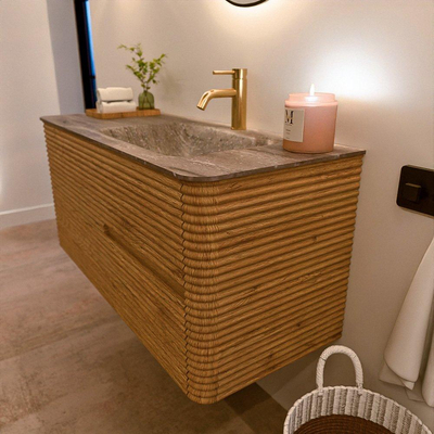 Mondiaz CIRO-DLUX Ensemble meuble de salle de bains - 110x45x50cm - vasque solid surface Oza - 1 bac à droite - 1 trou de robinet - 2 tiroirs - Chêne