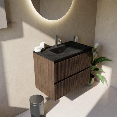 Saniclass Holz Atelier Ensemble de meuble de salle de bains - 80x45x62cm - Lavabo Vygo en céramique noir - 1 vasque - 1 trou de robinet - 2 tiroirs - chêne charcoal mat (bois)