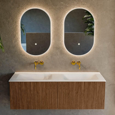 MONDIAZ KURVE 130cm Meuble salle de bain - couleur Walnut - 2 tiroirs - vasque CLOUD double - sans trous de robinet - Talc