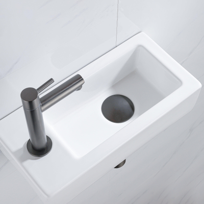 QeramiQ Fontein Fonteinset - 37.5x18.5x9cm - céramique - trou de robinet gauche - robinet lave-mains gunmetal - bonde de vidage - siphon abaissé - Brillant blanc