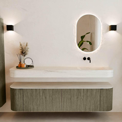 MONDIAZ THOR-DLUX 180cm meuble de salle de bains arrondi gauche + droite couleur Shadow avec 2 tiroirs et 2 portes. Vasque suspendue CLOUD droite sans trou de robinet couleur Meli.