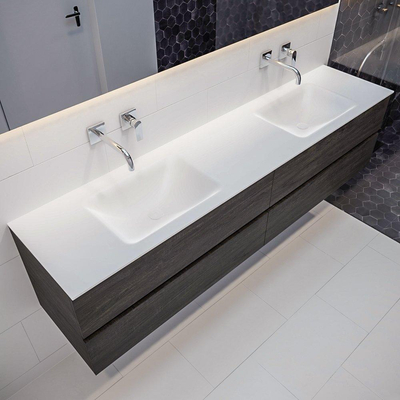 MONDIAZ VICA Ensemble de meuble salle de bain - 200cm - 4 tiroirs - lavabo Cloud double - 0 trous de robinet - solid surface marron foncé