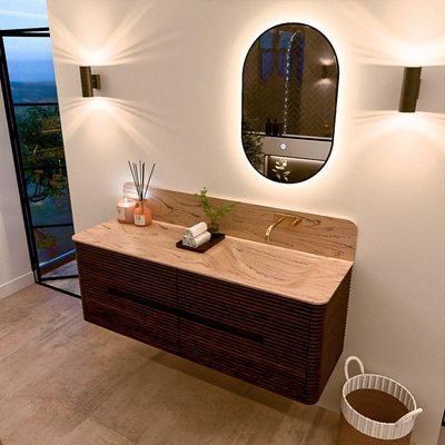 Mondiaz CIRO-DLUX Ensemble de meubles de salle de bains - 140x45x50cm - Plan vasque solid surface Arena - 1 vasque à droite - sans trous de robinet - 4 tiroirs - Noyer