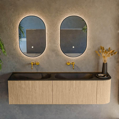 MONDIAZ KURVE 165cm Meuble salle de bain avec module 25 D - couleur Oak - 2 tiroirs - 1 porte - vasque BIG SMALL double / gauche - sans trous de robinet - Urban