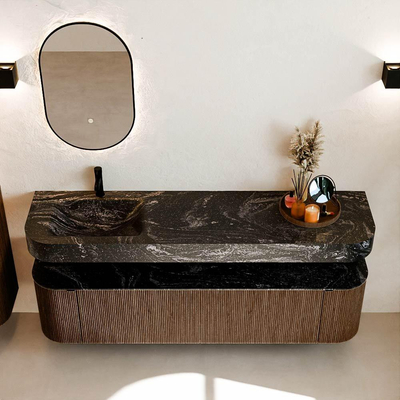 MONDIAZ THOR-DLUX 180cm meuble de salle de bains arrondi gauche + droite couleur Walnut avec 2 tiroirs et 2 portes. Vasque suspendue CLOUD gauche 1 trou de robinet couleur Lava.