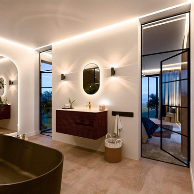 Mondiaz CIRO-DLUX Meuble de salle de bains - 110x45x50cm - Plan vasque solid surface Opalo - 1 cuve à droite - 1 trou de robinet - 2 tiroirs - Ruby