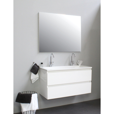 Basic Bella Meuble avec lavabo acrylique 100x55x46cm 2 trous de robinet avec miroir Blanc brillant