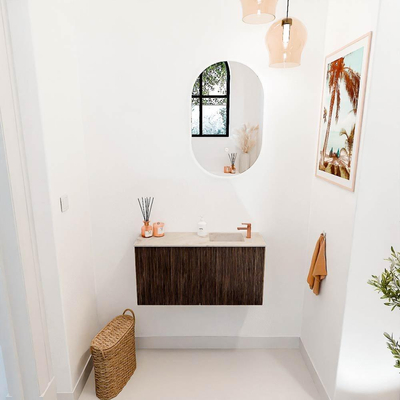 Mondiaz JOYA-DLUX 80cm toiletmeubel - kleur Walnut - Wastafel FAYE positie Rechts 1 kraangat kleur Frappe.