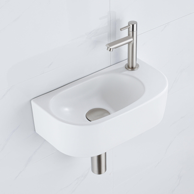 QeramiQ Fuente pack lave-mains – 40 x 21,5 x 12 cm – céramique blanc mat – perçage à droite – robinet inox brossé