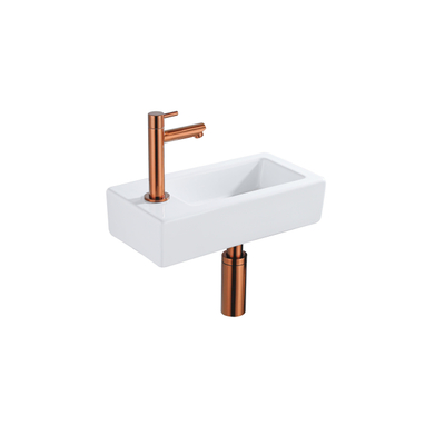 QeramiQ Fontein Fonteinset - 37.5x18.5x9cm - céramique - trou de robinet gauche - robinet lave-mains en cuivre brossé - bonde de vidage - siphon abaissé - Blanc brillant