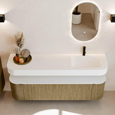 MONDIAZ THOR 170cm meuble de salle de bains arrondi gauche + droite couleur Dusk avec 1 tiroir et 2 portes. Vasque suspendue CLOUD Droite 1 trou de robinet couleur Talc.