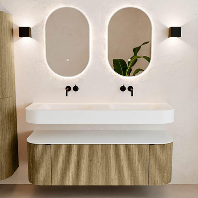 MONDIAZ THOR 140cm meuble de salle de bains arrondi gauche + droite couleur Dusk avec 1 tiroir et 2 portes. Vasque suspendue CLOUD Double sans trou de robinet couleur Talc.