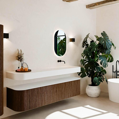 MONDIAZ THOR Meuble de salle de bains 190cm arrondi gauche + droite couleur Walnut avec 2 tiroirs et 2 portes. Vasque suspendue CLOUD droite sans trou de robinet couleur Talc.