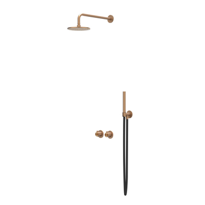 IVY Tribe Ensemble de douche pluie - encastré - symmetry - inverseur-arrêt 2 voies - bras mural 40cm - douche de tête medium 20cm - support avec sortie - flexible de douche 150cm - douchette barre - RVS316 - cuivre brossé mat PVD