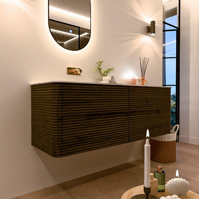 Mondiaz CIRO-DLUX Ensemble de meubles de salle de bains - 140x45x50cm - plan-vasque solid surface Opalo - 1 vasque à gauche - sans trous de robinetterie - 4 tiroirs - Shadow