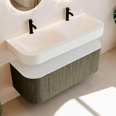 MONDIAZ THOR 120cm meuble de salle de bains arrondi gauche + droite couleur Shadow avec 1 tiroir et 2 portes. Vasque suspendue CLOUD Double 2 trous de robinet couleur Talc.