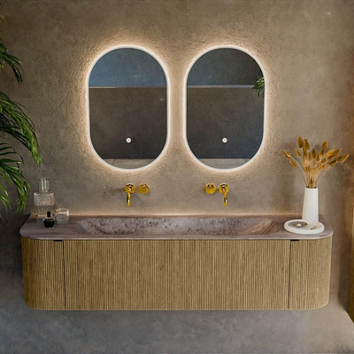 MONDIAZ KURVE-DLUX 170cm meuble de salle de bains arrondi Gauche + Droite couleur Dusk avec 1 tiroir et 2 portes. Lavabo BIG LARGE Central sans trou de robinet Oza.