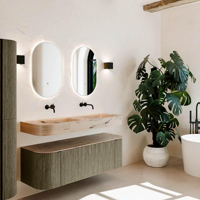 MONDIAZ THOR-DLUX Meuble de salle de bains 140cm arrondi gauche + droite couleur Shadow avec 1 tiroir et 2 portes. Vasque suspendue CLOUD Double sans trou de robinet couleur Arena.