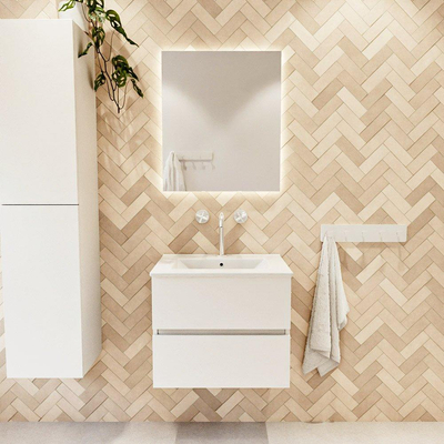 MONDIAZ VICA 60cm meuble sous lavabo Talc 2 tiroirs. Lavabo DENIA centre 1 trou de robinet, couleur Blanc Brillant.