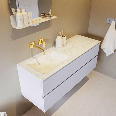 Mondiaz VICA-DLUX ensemble de meuble de salle de bain - 130cm - meuble sous-vasque cale - 2 tiroirs - lavabo encastré cloud gauche - sans trous de robinet - version haute de 60cm - opalo