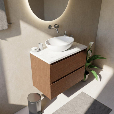 Saniclass Holz Pure Ensemble de meubles de salle de bains - 80x45x63cm - Plan vasque en marbre Dia poli (blanc) - sans trou de robinet - 2 tiroirs - walnut pure mat (bois)