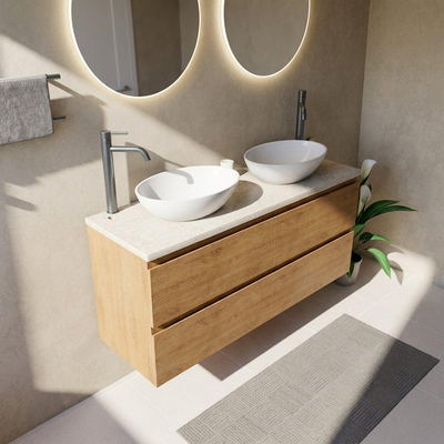 Saniclass Holz Pure Ensemble meuble de salle de bains - 140x45x63cm - Plan en pierre naturelle travertin - 2 trous de robinetterie - 4 tiroirs - chêne natural mat (bois)