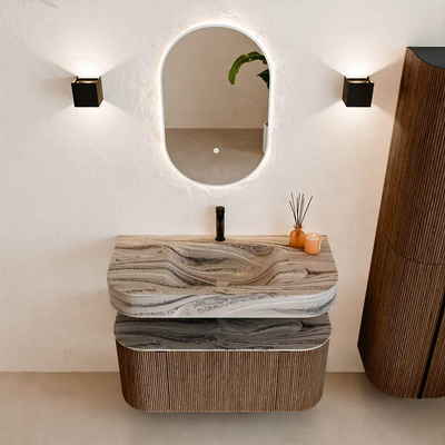 MONDIAZ THOR-DLUX 100cm meuble de salle de bains arrondi gauche + droite couleur Walnut avec 1 tiroir et 2 portes. Vasque suspendue CLOUD Milieu 1 trou de robinet couleur Sombra.