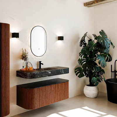 MONDIAZ THOR-DLUX Meuble de salle de bains - 120cm - arrondi gauche + droite - couleur Ruby - 1 tiroir - 2 portes - Vasque suspendue CLOUD Milieu 1 trou de robinet - couleur Lava