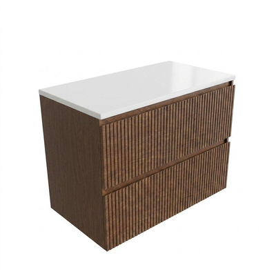 Saniclass Holz Atelier Ensemble de meubles de salle de bains - 80x45x62.5cm - plan de toilette Torino en solid surface blanc - sans trou de robinet - 2 tiroirs - walnut pure mat (bois)