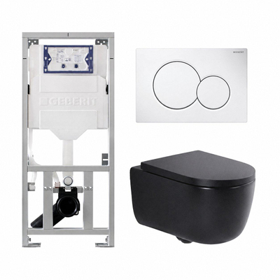 QeramiQ Dely Swirl Pack WC - 36.5x53cm - réservoir encastré Geberit UP320 - 35mm Abattant WC - plaque de déclenchement sigma blanche - boutons ronds - noir mat