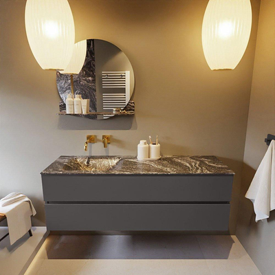 Mondiaz VICA-DLUX ensemble de meuble de salle de bain - 150cm - meuble sous-vasque gris foncé - 2 tiroirs - lavabo encastré cloud gauche - sans trous de robinet - version haute de 60cm - lave